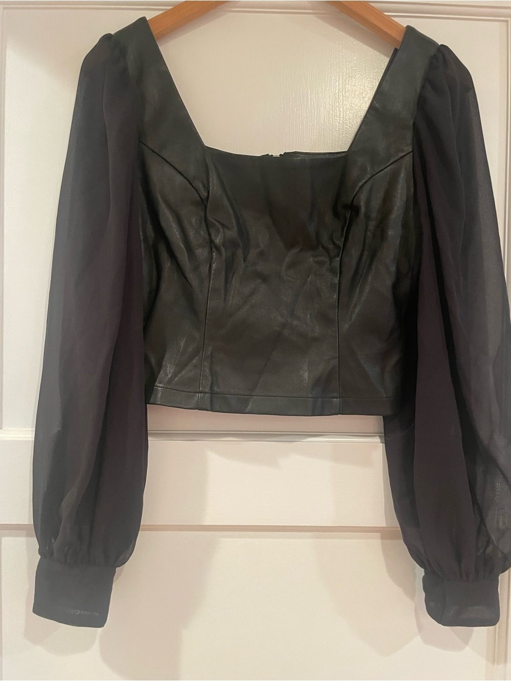Bar III Black Faux Leather Crop Top with Sheer Puff Sleeves